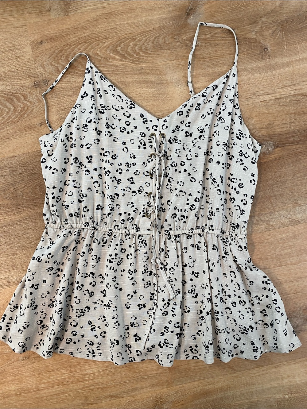 Maurices White Spaghetti Strap Tie-Front Peplum Tank with Black Leopard Print